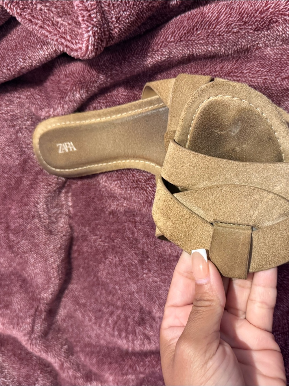 ZARA Tan Suede Twisted Strap Slide Mules - Picture 2 of 3